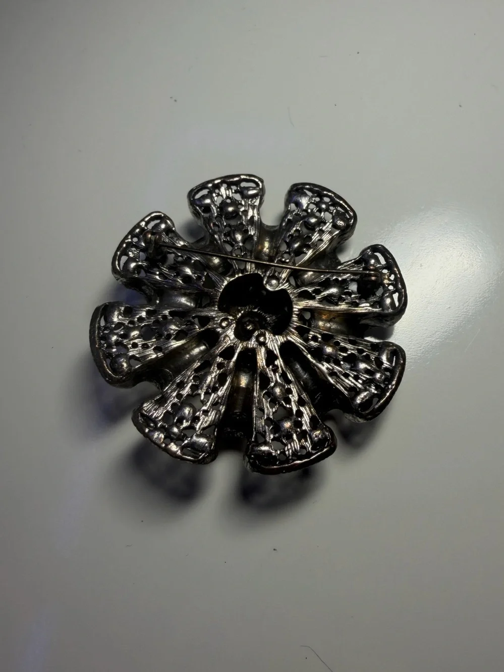 Rhinestone Floral Statement Brooch - Silver Tone